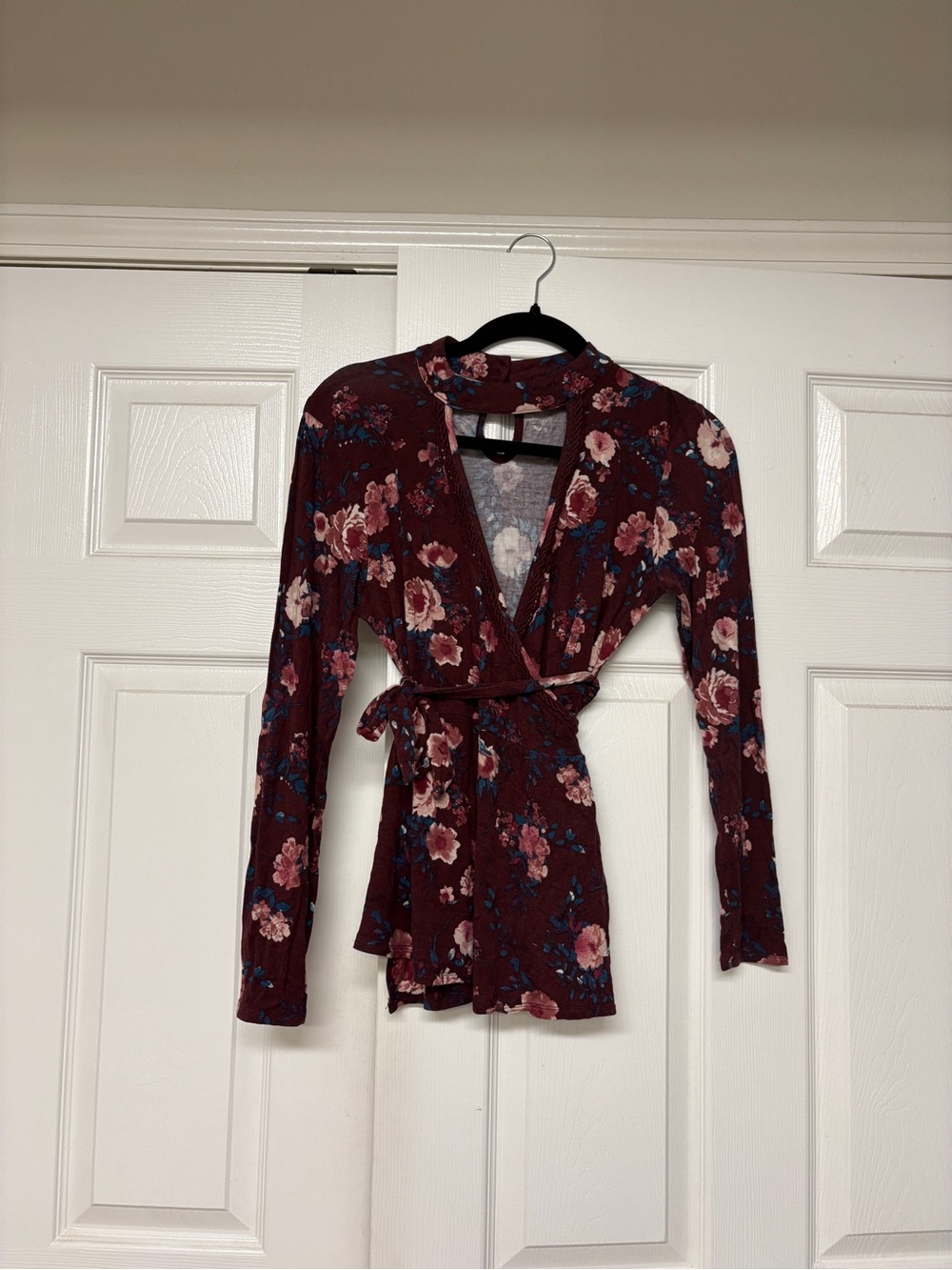 Altar'd State Burgundy Floral Wrap Blouse